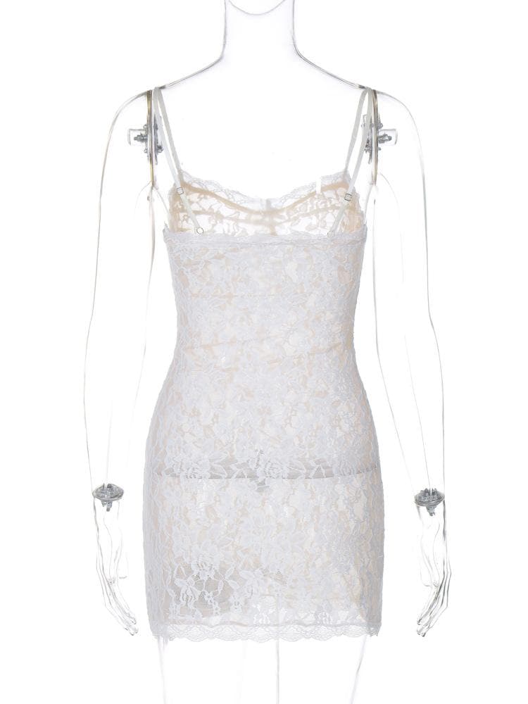 V neck see through lace bowknot cami mini dress