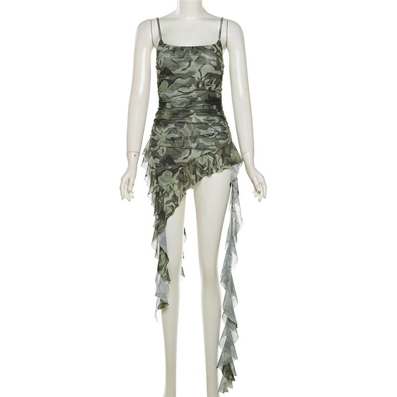 Camouflage ruffle irregular ruched cami top