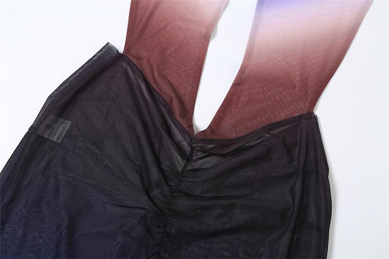 Ruched halter self tie cross front sheer mesh gradient maxi dress  | samba dress