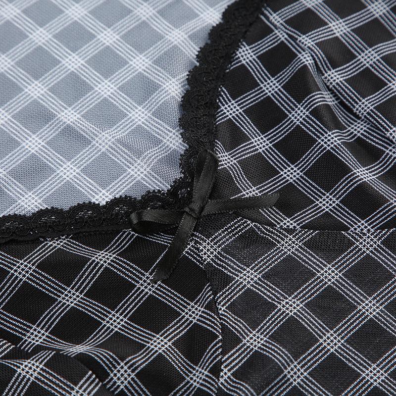 Short sleeve plaid lace hem bowknot mesh top