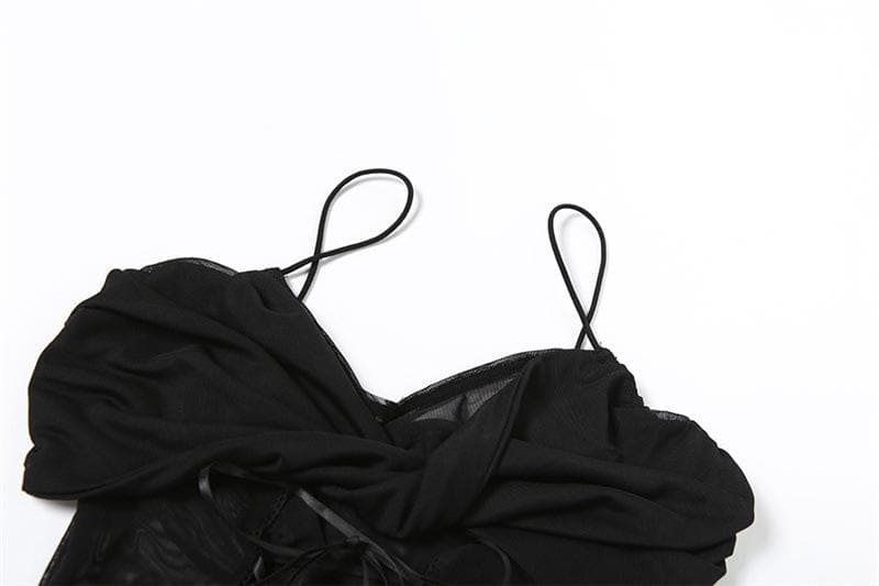 Ruched lace up mesh cami solid bodysuit