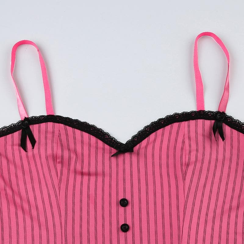 Button striped lace hem v neck contrast cami top
