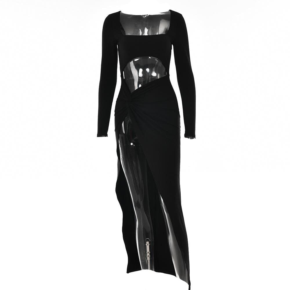 Long sleeve solid hollow out ruched slit knotted midi dress  | red tango dress