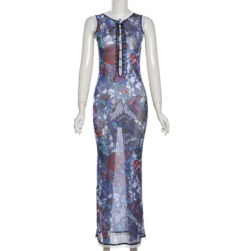 Sleeveless crewneck lace up print sheer mesh maxi dress  | samba dress