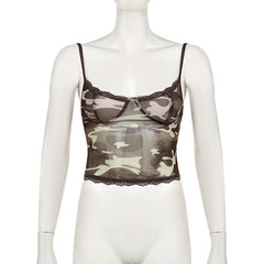V neck mesh lace hem camouflage cami top