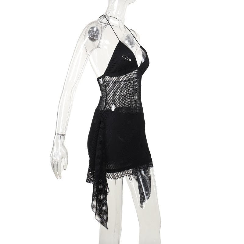 Halter ruffle see through pin applique fishnet mini dress