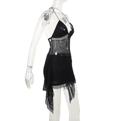 Halter ruffle see through pin applique fishnet mini dress
