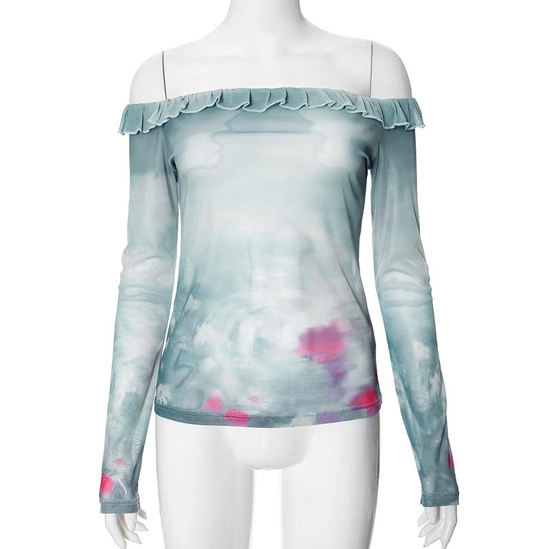 Long sleeve off shoulder tie dye ruffle sheer mesh top