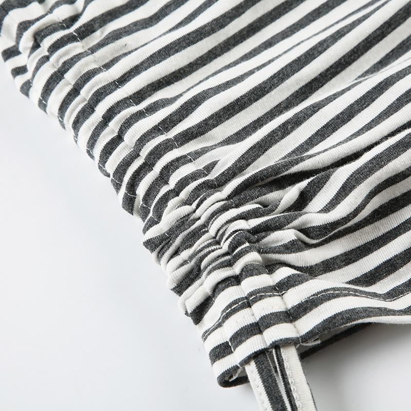 Long sleeve round neck striped drawstring top