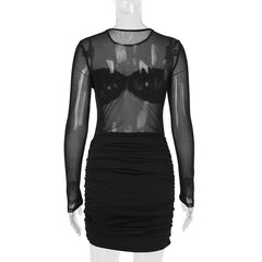 Long sleeve mesh patchwork ruched mini dress