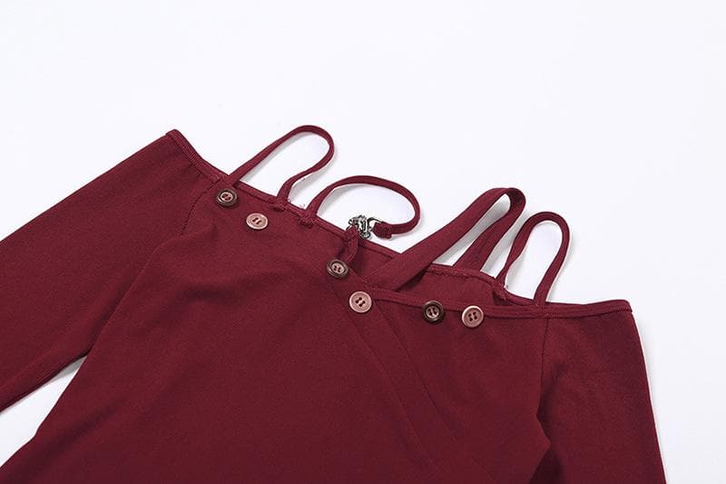 Metal chain button ruffle contrast off shoulder long sleeve mini dress  | red tango dress