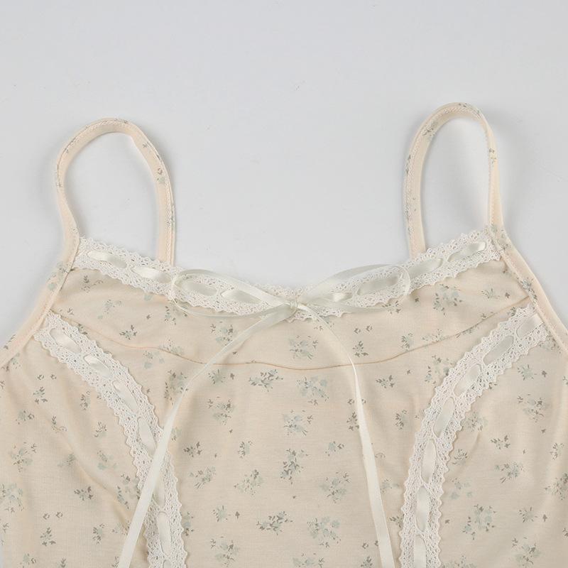 Lace hem bowknot ribbon print stitch cami top
