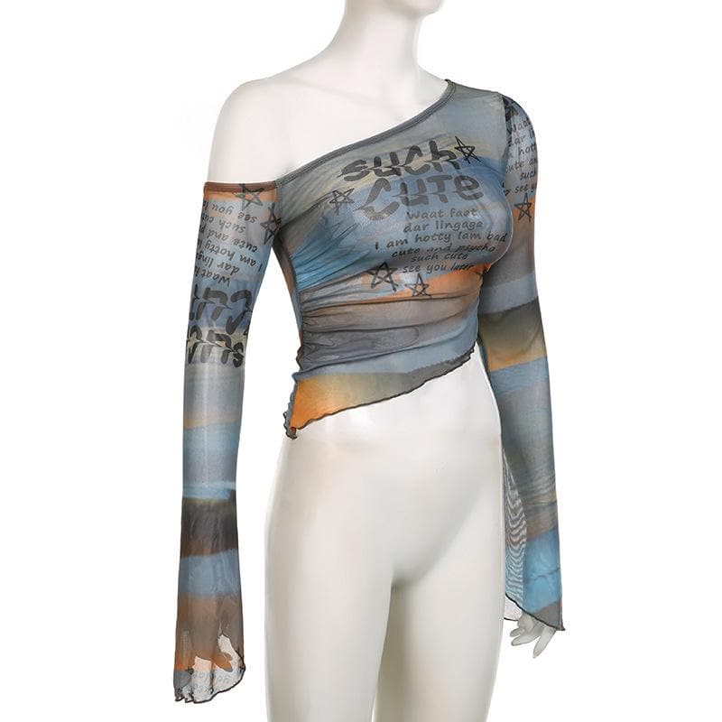 Sheer mesh see through off shoulder flared sleeve irregular contrast crop top