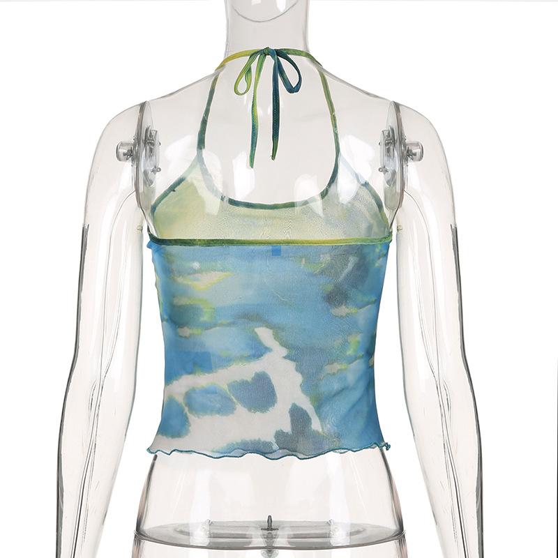 Halter sheer mesh tie dye backless top