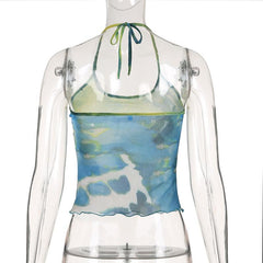 Halter sheer mesh tie dye backless top