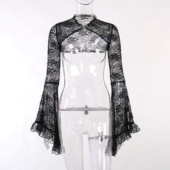 Solid flared sleeve lace hem button hollow out shrug cut out top