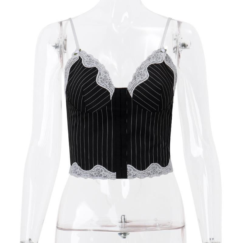 Striped lace hem stitch lace up cami top