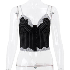 Striped lace hem stitch lace up cami top