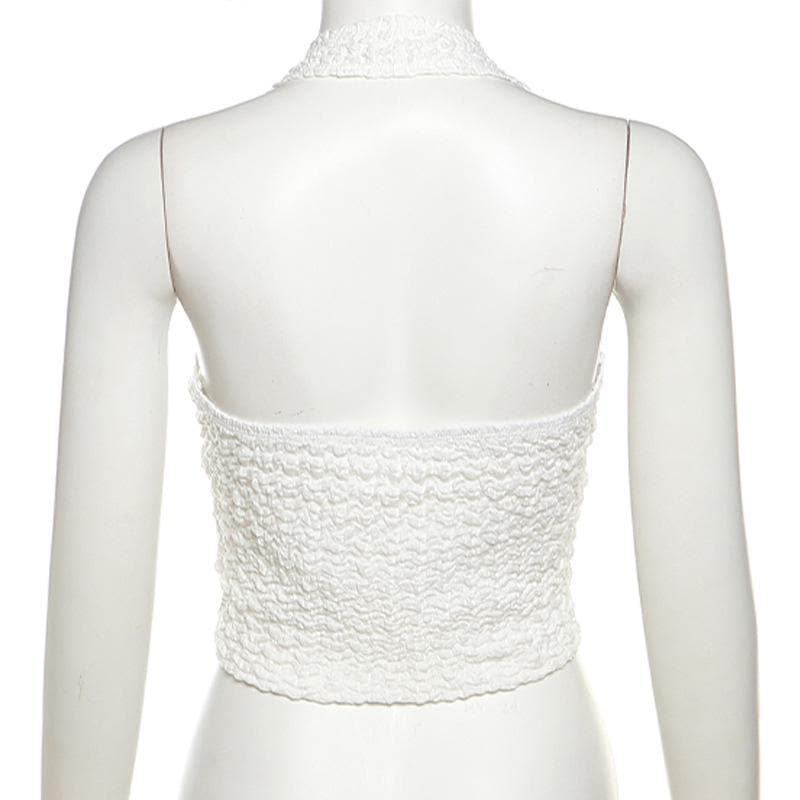 Halter v neck backless textured solid crop top
