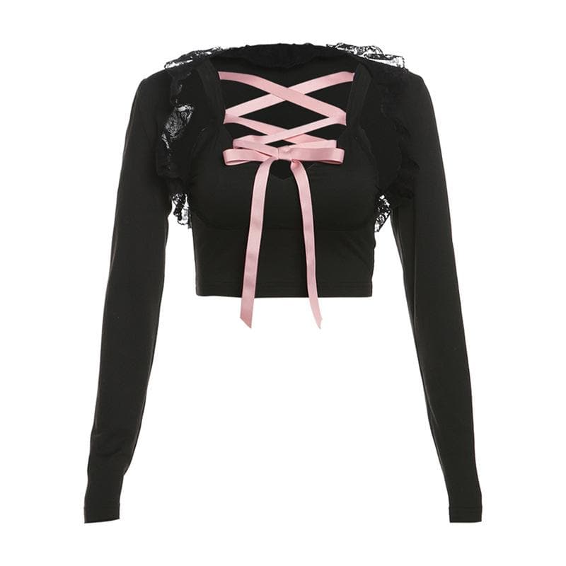 Long sleeve lace hem lace up shrug 2 piece top