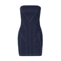 Denim stitch zip-up backless tube mini dress