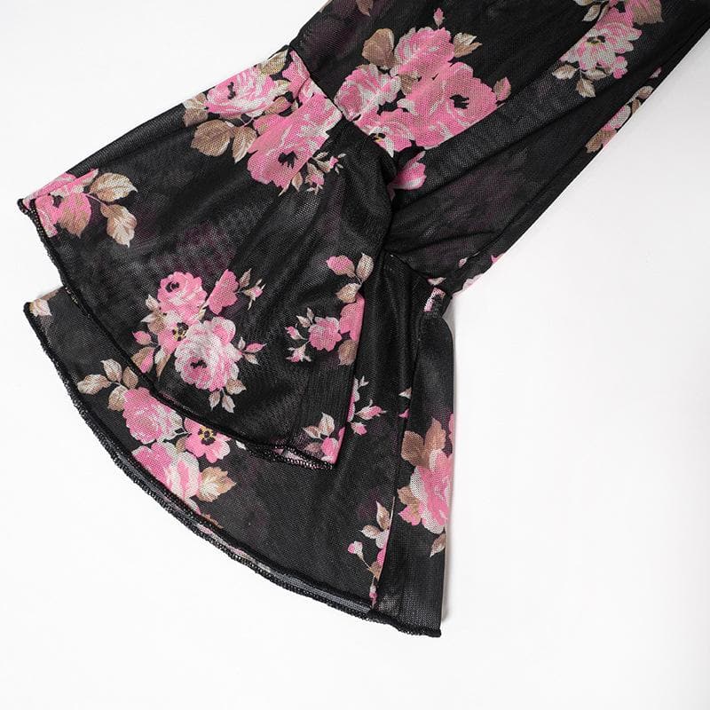 Long flared sleeve cowl neck ruffle flower print sheer mesh mini dress  | samba dress