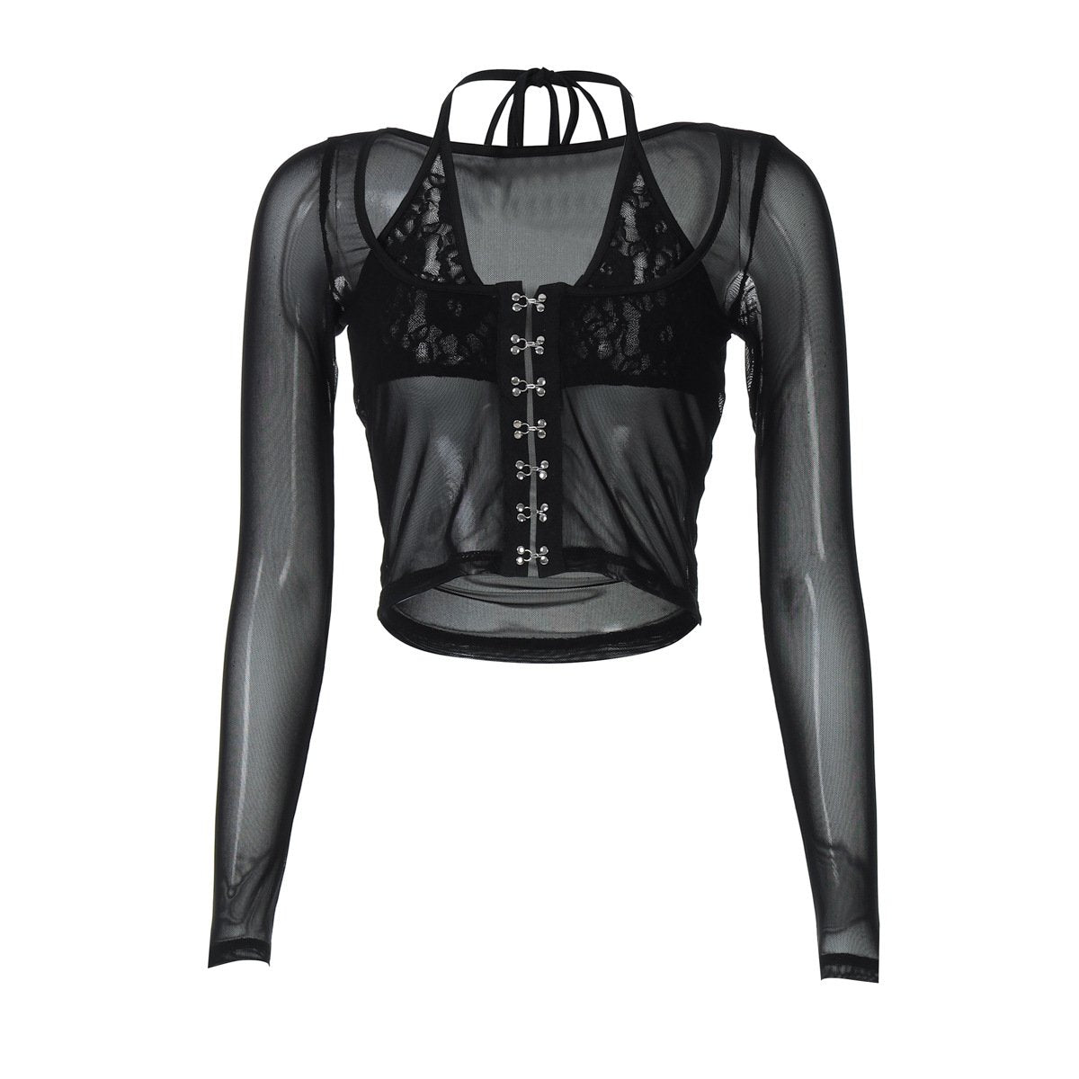 Halter long sleeve mesh lace hem button top