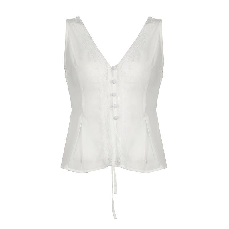 V neck button lace hem solid tank top