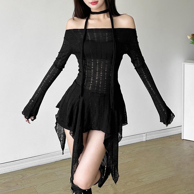 Off shoulder long sleeve knitted ruffle top