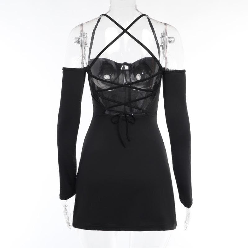 Lace up solid cross back off shoulder long sleeve mini dress  | black rave dress  | black rave dress