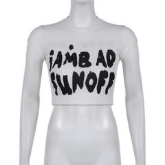 Cap sleeve crewneck "iAM BAD FUN OFF" pattern crop top