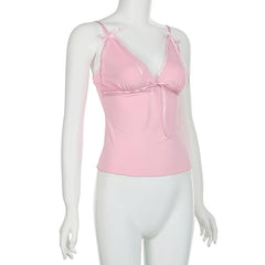 Ribbon bowknot lace hem v neck cami top