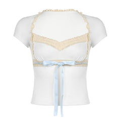 Short sleeve ribbon lace hem bowknot top