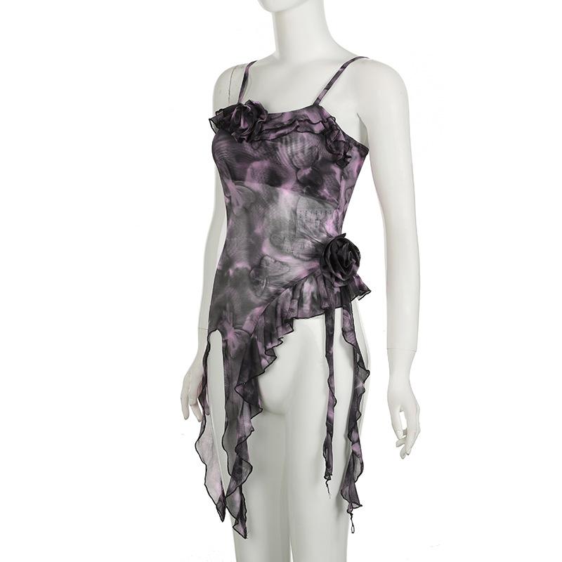 Ruffle sheer mesh print flower applique cami top