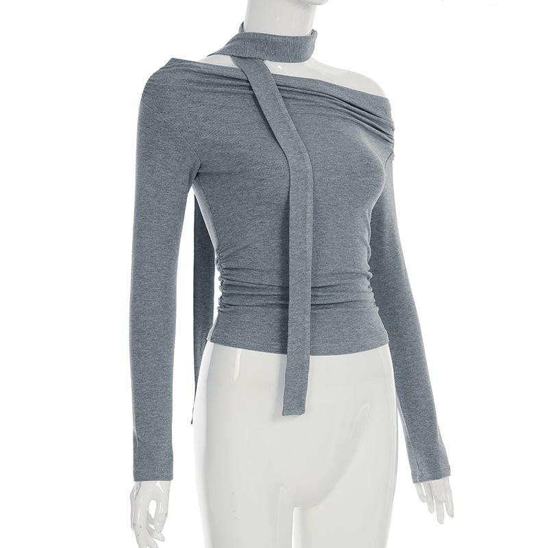 Off shoulder long sleeve ruched solid top