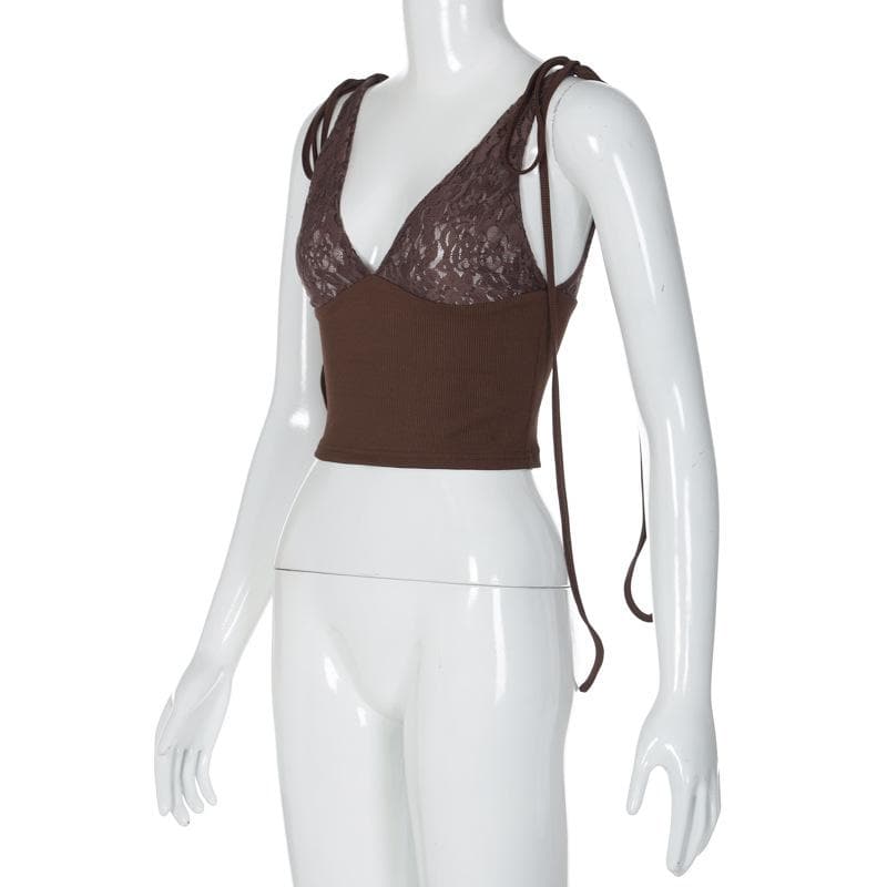 V neck see through lace ribbed patchwork ruched backless top