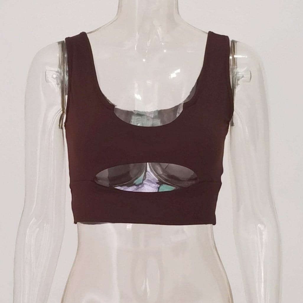 Double layered U neck low cut hollow out solid crop cut out top