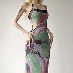 Halter self tie contrast print sheer mesh backless hollow out maxi dress  | samba dress