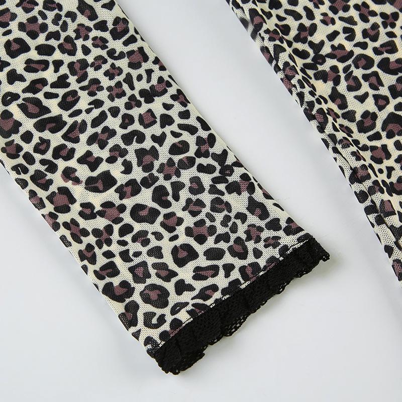 Leopard print long sleeve mesh crop top