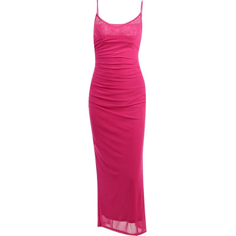 Mesh ruched slit square neck solid backless cami midi dress  | red tango dress