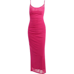 Mesh ruched slit square neck solid backless cami midi dress  | red tango dress