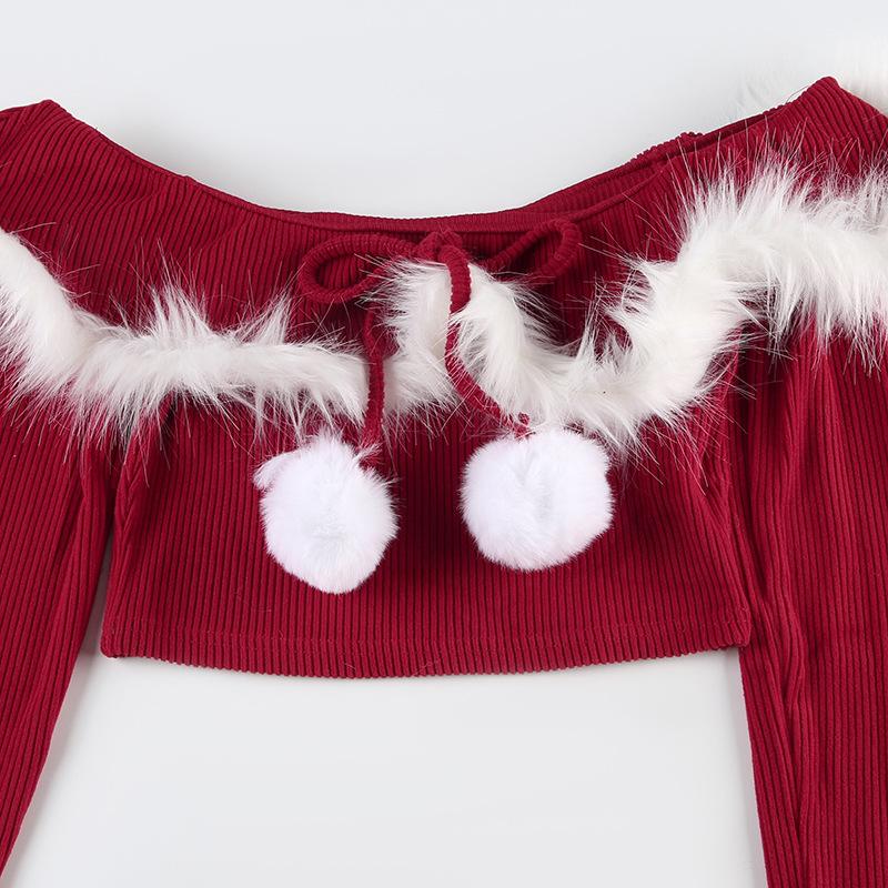 Off shoulder long sleeve fluffy knitted crop top