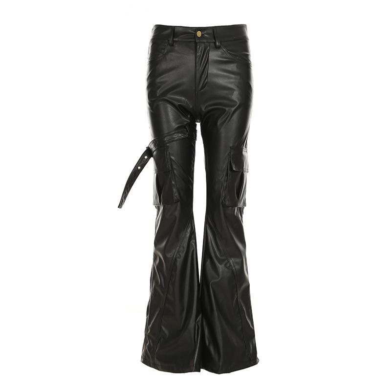 PU leather buckle pocket high rise pant