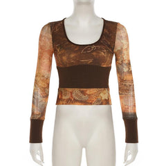 U neck long sleeve knitted mesh patchwork abstract top