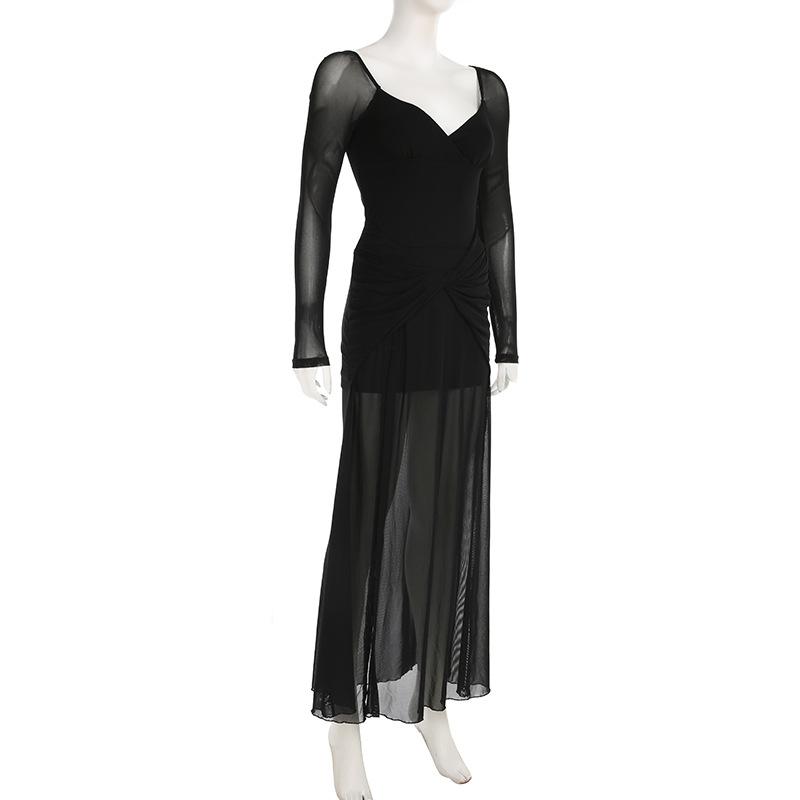 V neck long sleeve slit mesh maxi dress