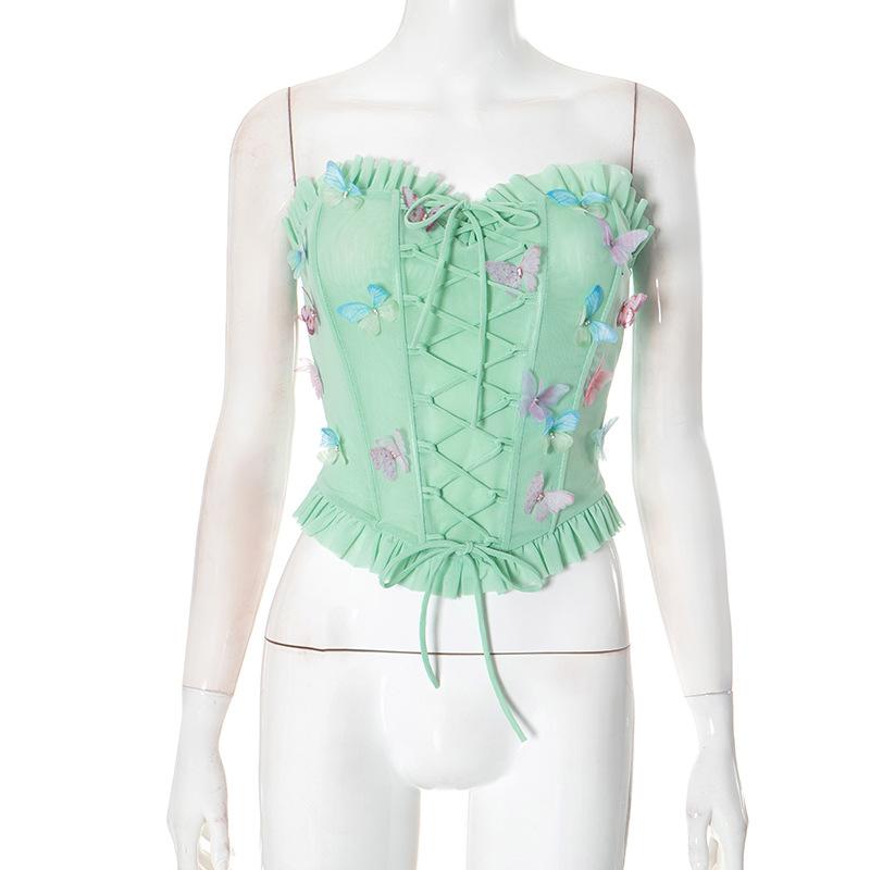 Sweetheart neck butterfly applique mesh lace up tube top