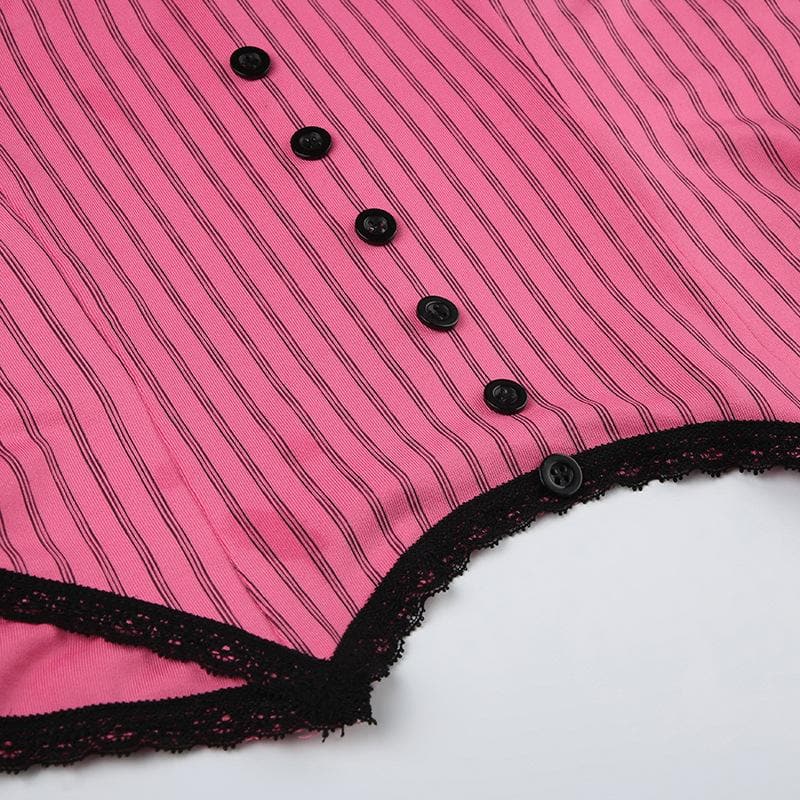 Button striped lace hem v neck contrast cami top
