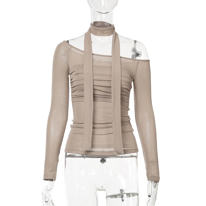 Long sleeve halter off shoulder ruched top