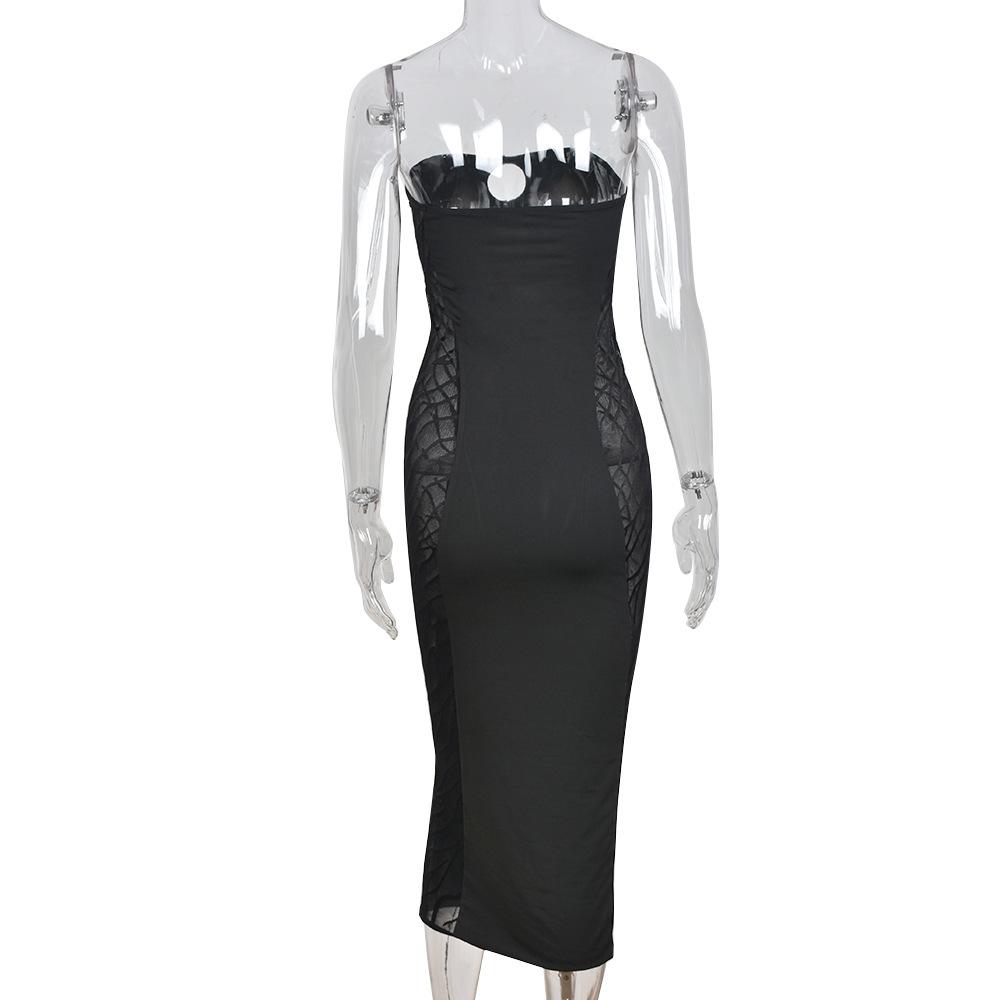 Hollow out beaded mesh backless tube midi dress