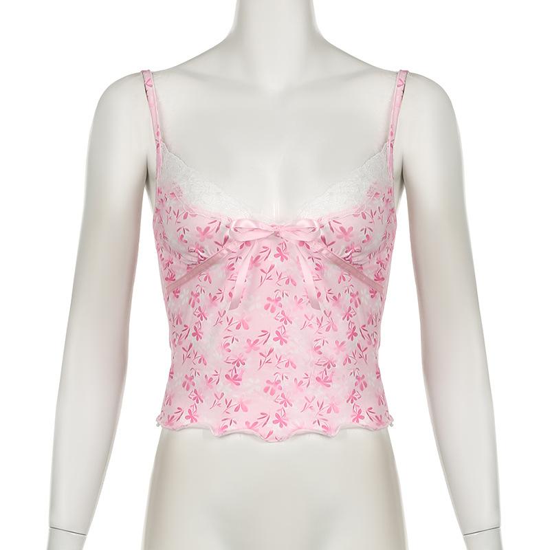 V neck bowknot lace hem ruffle print cami top